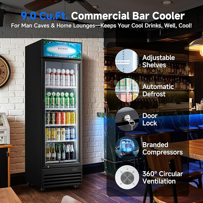 BODEGACOOLER Beverage Refrigerator and Cooler, Commercial Refrigerators with 4 shelves, Commercial Fridge with Soft LED Light. Merchandiser Refrigerators as Black Bar Cooler For Party, 9.0 Cu. Ft