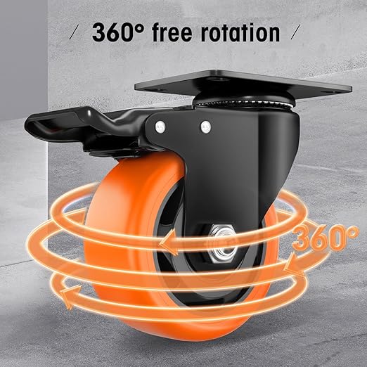 Casters, 3" Caster Wheels，Casters Set of 8 Heavy Duty - ASRINIEY Orange Polyurethane Castors, Top Plate Swivel Wheels, 8-Pack Industrial Casters with Brake, Locking Casters for Furniture and Workbench