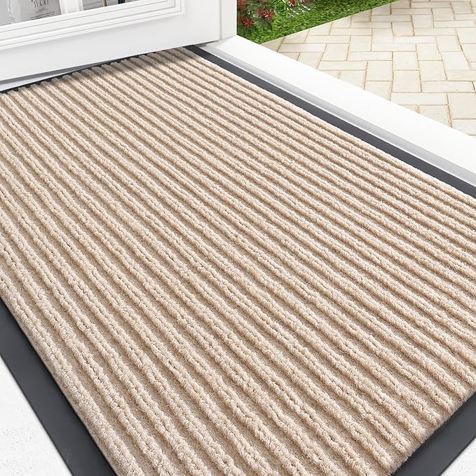 OLANLY Front Door Mat Indoor Outdoor Entrance, Waterproof Heavy Duty Doormat, Fade Resistant, Low Profile, Easy Clean Patio Porch Welcome Floor Mats for Entry, 35x23, Beige