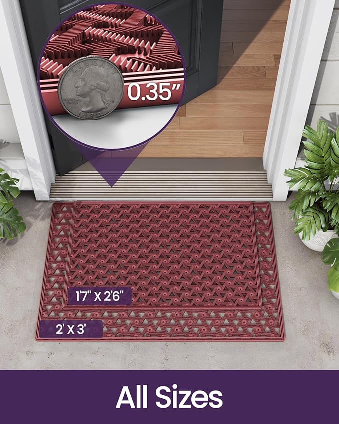 DEXI Front Door Mat Outside Entrance Rubber 24x36, Welcome Floor Doormat Heavy Duty Non Slip, Dirt Trapper Waterproof Exterior Entry Mats All Weather for Patio Entryway Drainage, Red