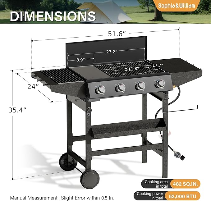 Sophia & William 4-Burner BBQ Propane Gas Grill Griddle & Stove Combo, 482 SQ.IN.Cooking Area, 52,000 BTU Gas Barbeque Grills Outdoor Cooking with Two Shelves for Outside Patio Barbecue, Black