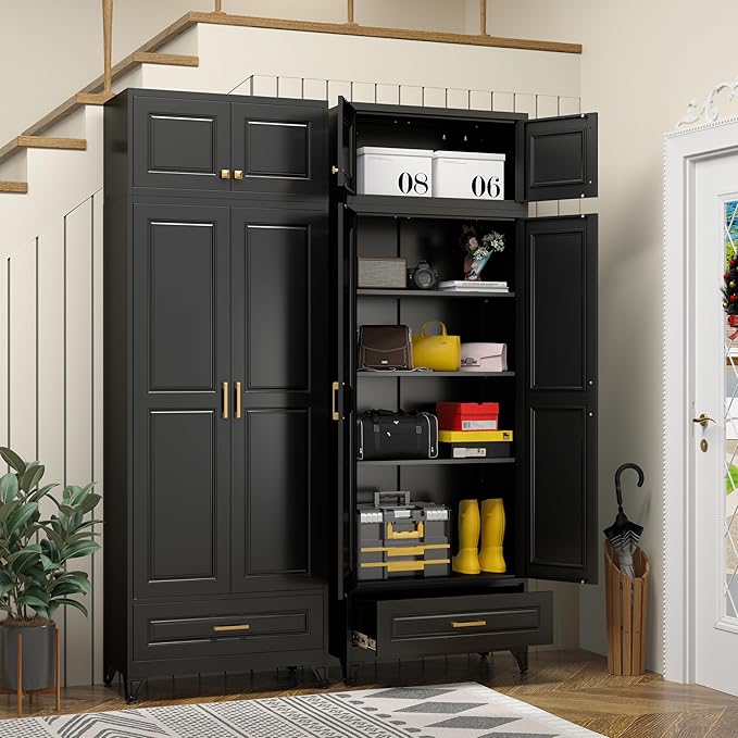 Kitchen Pantry Storage Cabinets, 90" Tall Metal Storage Cabinet with Doors and 3 Shelves, Black Pantry Cabinet with Drawer, Kitchen Cupboard, Large Steel Cabinets for Dining Room, Office, Living Room