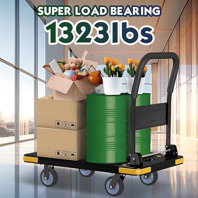 Medium-Duty Foldable Platform Cart with 4 Wheels & 1323LB Capacity - 2 Swivel & 2 Fixed Wheels, Compact Push Cart Dolly Black Plastic Trolley, 5-Inch Wheels, Spare Tire & Anti-Collision Corners