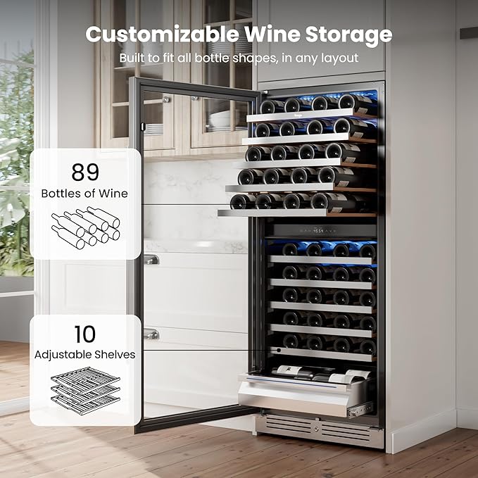 Yeego 24 Inch Wine Fridge Cooler - 89 Bottles Dual Zone Wine Cooler with Glass Door, 40-65℉ Built-In or Freestanding Wine Refrigerator with Lock and 2 Color LED for Kitchen Bar Office (Left-Hinged)