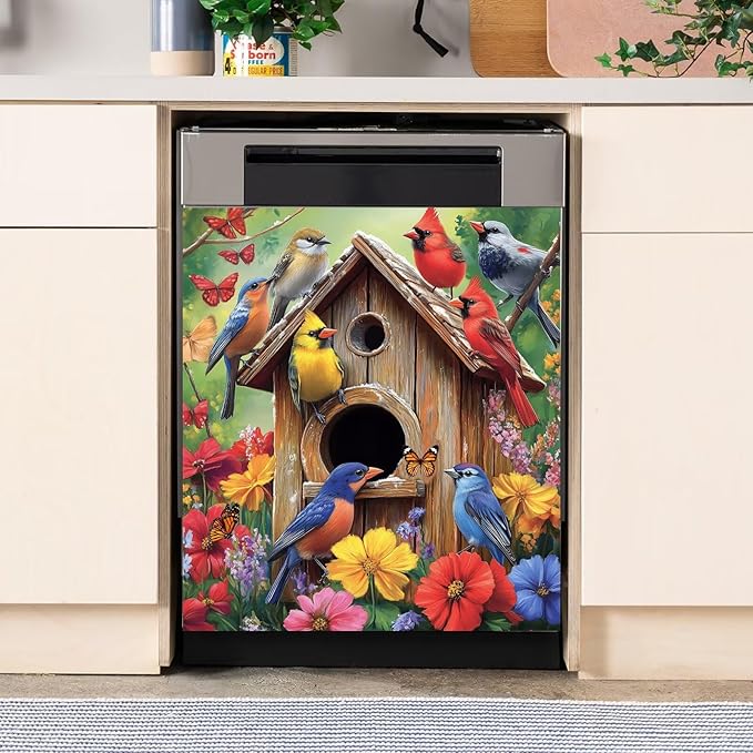 Spring Garden Birdhouse Dishwasher Magnet Cover,Pastoral Flowers Butterfly Magnetic Dishwasher Cover Vinyl Sticker,Fridge Door Cover Magnets Art Skin Panel Decal,Home Decor Decal,23"X26"
