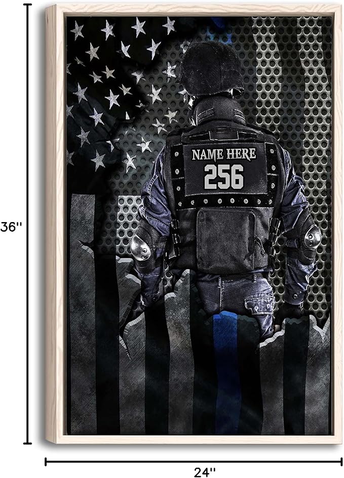 Personalized Police Poster & Framed Canvas, Policeman Thin Blue Line Us Flag Home Office Decor, Custom Name Number Bedroom Living Room Aesthetic Wall Art Gift For Husband, Dad, Men