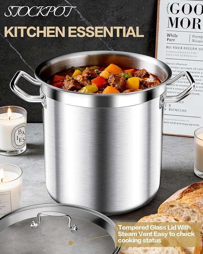 Stainless Steel 20 Quart Stockpot with Tempered Glass Lid, 3-Ply Base, 8.8 lbs, Polished Finish, Suitable for Stovetop and Oven, Dishwasher Safe