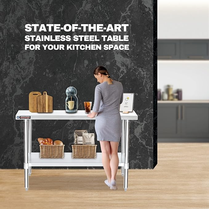 DuraSteel 24x60 Stainless Steel Work Table - NSF Commercial Prep Metal Table - Outdoor Pizza Oven Stand w/Under Shelf - Kitchen Island Laundry Utility Garage Microwave Stand Large Rolling Storage Cart