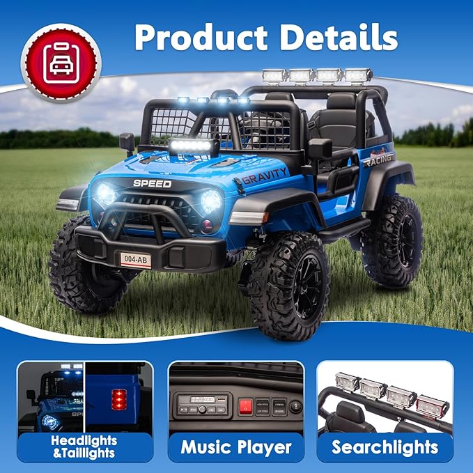 Sopbost 24V 7Ah 2 Seater Ride On Truck Ride On Toy for Big Kids Ride On Car with Remote Control Off-Road Electric Car with Shock Absorber, LED Lights, Bluetooth Music Player, EVA Tires, Blue