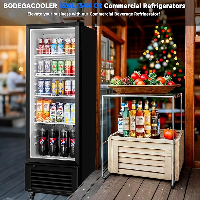 BODEGACOOLER Beverage Refrigerator, 326L/344 Qt Commercial Refrigerator For Kitchen, Home,Office and Garage, 312 Cans & 192 Bottles Display Refrigerator For Beer,Soda, Bar Cooler with Soft LED Light.