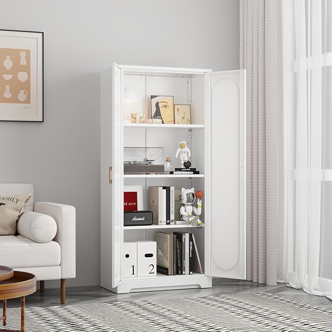 Metal Storage Cabinet with 3 Adjustable Shelves, 60" Tall Kitchen Storage Cabinet with Gold Handles, White Pantry Cabinets for Kitchen, Living Room, Hallway - Assembly Required
