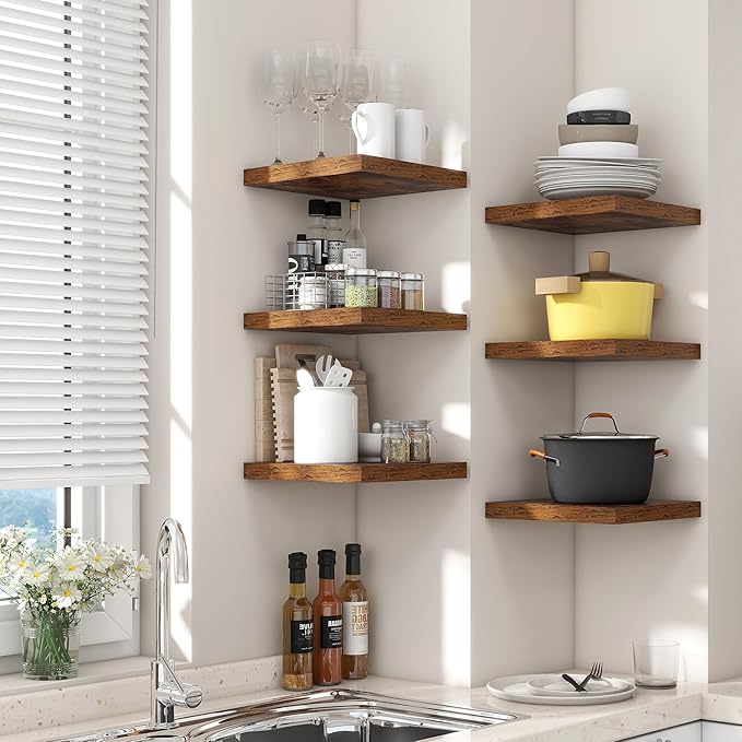 Square Floating Shelves for Wall 12"W x 12"D x 1.2"H, Engineered Wood Wall Shelves with Invisible Brackets for Living Room Bedroom Bathroom Office Kitchen Storage Decor, Rustic Brown Finish, Set of 3