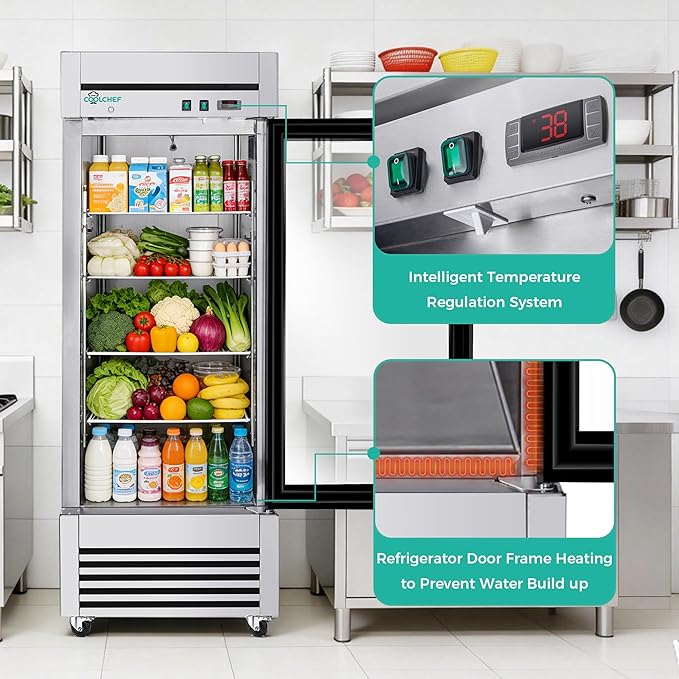 27" Commercial Glass Door Refrigerator, 23 Cu.Ft Single Door Reach-In Cooler, 33-40℉, Low-E Tempered Double Glass, 4 Shelves, R290