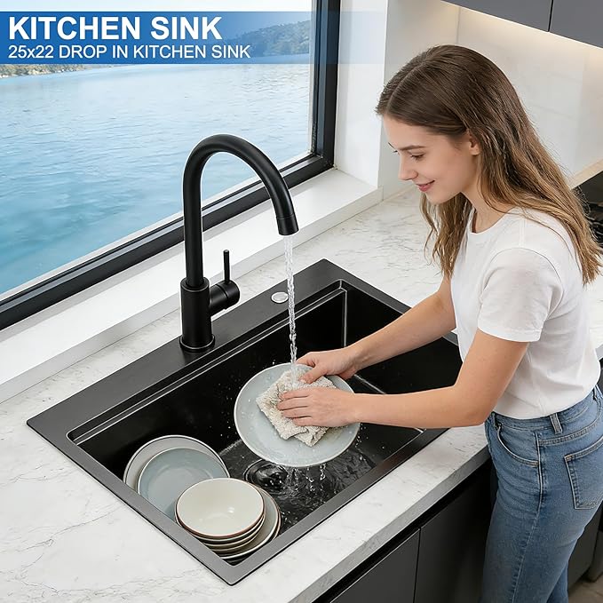 Scamall 25x22x10 Drop In Kitchen Sink Workstation, Nano Black 304 Stainless Steel Deep Single Bowl with Quick Drainage & Tarnish-Free Surface for Bar, Laundry, RV, Includes Accessories