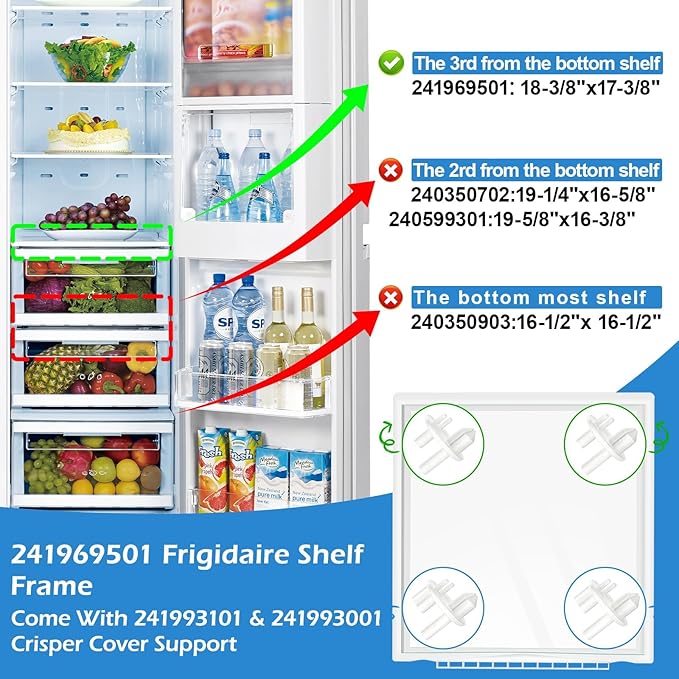 UPGRADED 241969501 Refrigerator Shelf Frame Compatible with Frigidaire Shelf Replacement Parts Crisper Drawer Pan Cover with 241993101 & 241993001 Crisper Cover Support LFSS2612TF0, FFSS2615TS0 Shelf