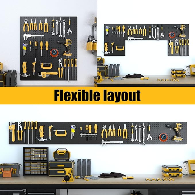 Peg Board, 6 Pack Metal Pegboard Panels Black Pegboards Wall Organizer with 50 Hooks, Heavy Duty Peg Board for Walls Home, Garage Tool Storage, Office Organization, Craft Room, Kitchen