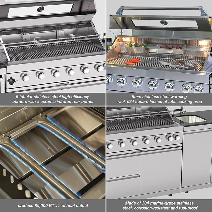 Outdoor Kitchen Island, 95.5 Inch 85000 BTU Gas Grill Combination With Refrigerator and Sink, Outdoor Stainless Steel Barbecue Bar, 6 Burner Propane Grill for Patios, Gardens, Parties