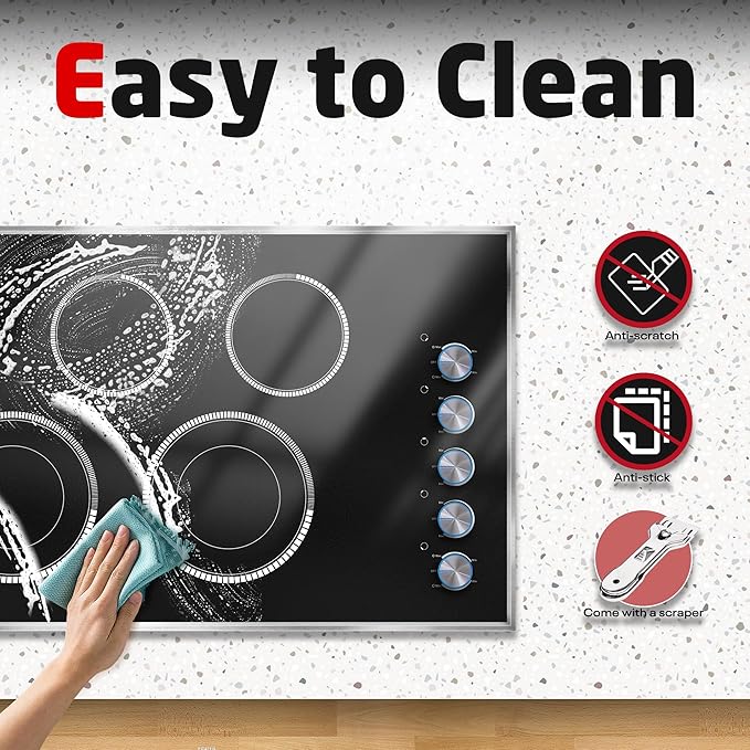 36 Inch Electric Cooktop, 5 Burner Electric Stove Top 8400W, 36" Ceramic Stove with Knob Control, Over-Temperature Protection, Dual Ring Zone, 220-240V Hard Wired (No Plug)