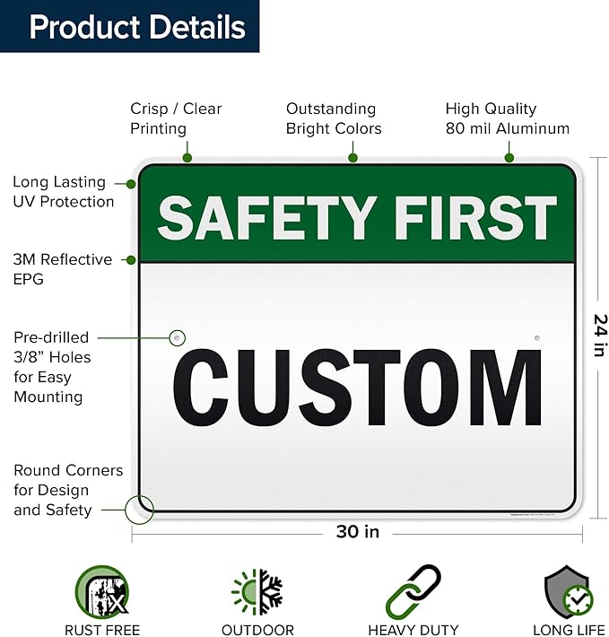 Custom Safety First Sign, Ansi Sign, Osha Compliant, 24x30 Inches, 3M EGP Reflective, Rust Free .080 Aluminum, Fade Resistant, Made in USA by My Sign Center