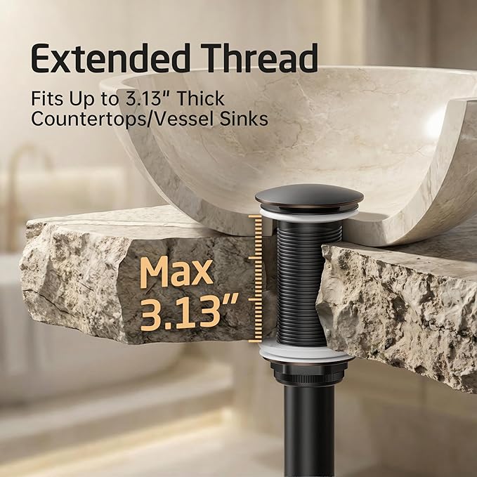 KES Oil Rubbed Bronze Bathroom Sink Drain with Extended Thread, All Metal Pop Up Drain Stopper without Overflow for Thicker Vessel Sinks and Countertops, Brass and Stainless Steel, S2022D-ORB