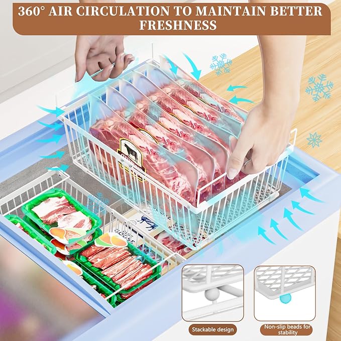 Large Freezer Organizer Bins，Upgraded Bottom Leak-Proof net，4 Pack， Expandable Stackable Chest Freezer Containers with Handle，for Fridge, Deep Freezer, Cabinet, Kitchen, Pantry (White-4Pack)