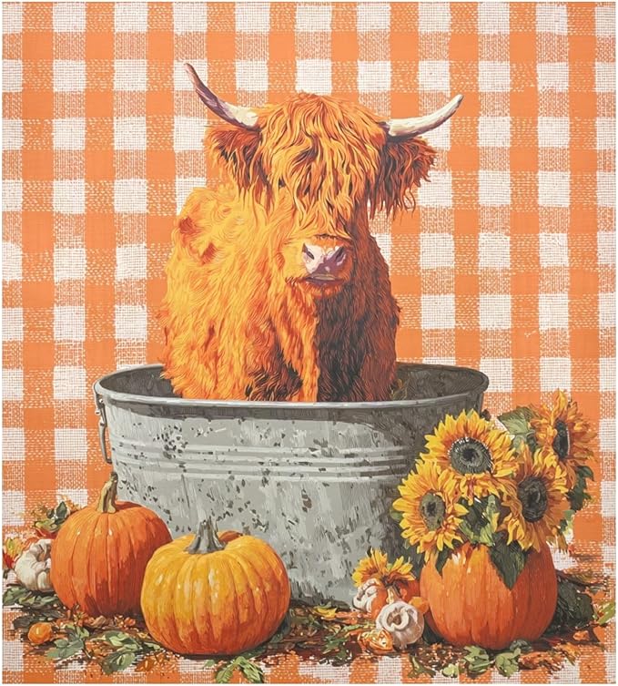 Fall Cow Orange Plaid Dishwasher Magnet Cover for Front Panel Magnetic Dishwasher Cover Decorative Refrigerator Magnet Covers Dishwashers Magnetic Sticker for Home Kitchen Decor, 23" x 26"