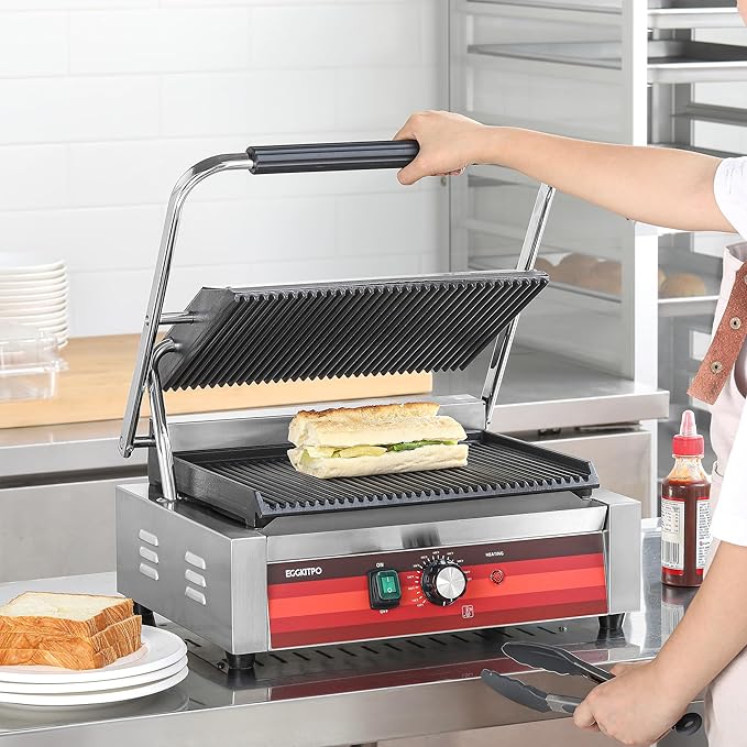 EGGKITPO Commercial Panini Press Grill with Grooved Plates Electric Sandwich Maker with Adjustable Temp Control 110V 1700W 14"×9.5" Ribbed Enamel Plates for Breakfast and Hamburger in Home Kitchen