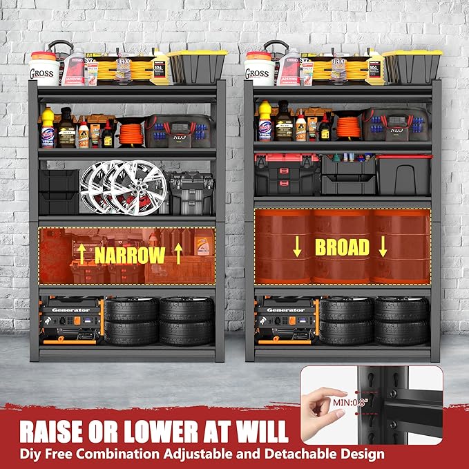 4-Tier (63''H x 35''W x 12''D) Metal Garage Shelving Unit, Storage Shelves Heavy Duty, Adjustable Upgraded Reinforced Double-Layer Columns for Space-Saving Garage with Easy Assembly