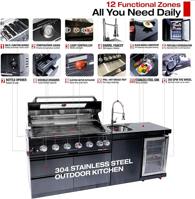 Outdoor Kitchen Island, 82 Inch 6 Burner Gas Grill Combination With Refrigerator and Sink, Outdoor Stainless Steel Barbecue Bar, 85000 BTU Propane Grill for Patios, Gardens, Parties