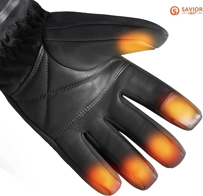 SAVIOR HEAT Heated Gloves for Men Women, Rechargeable Electric Heated Leather Skiing and Snowboarding Gloves
