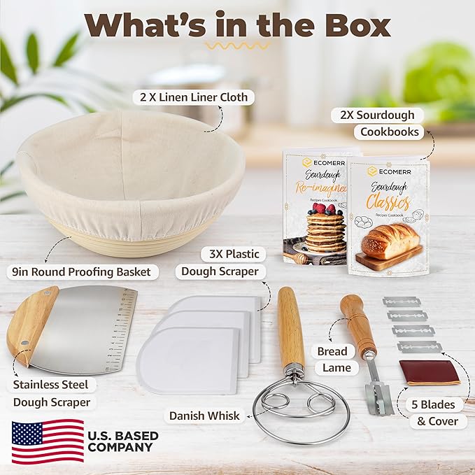 Banneton Bread Proofing Basket, 9inch Round Sourdough Starter Kit, Sourdough Bread Baking Supplies and Baking Accessories, Banneton Basket Gift Set
