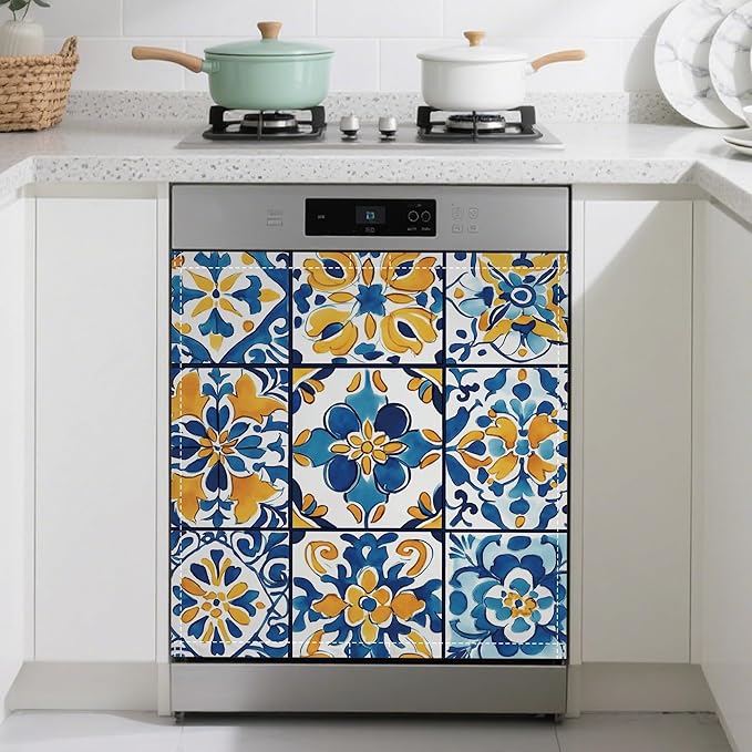 Troditional Spanish Magnetic Dishwasher Cover,Tile Pattern Dishwasher Covers for The Front Magnetic Dishwasher Panel Decal Cover for Kitchen 23x26inch