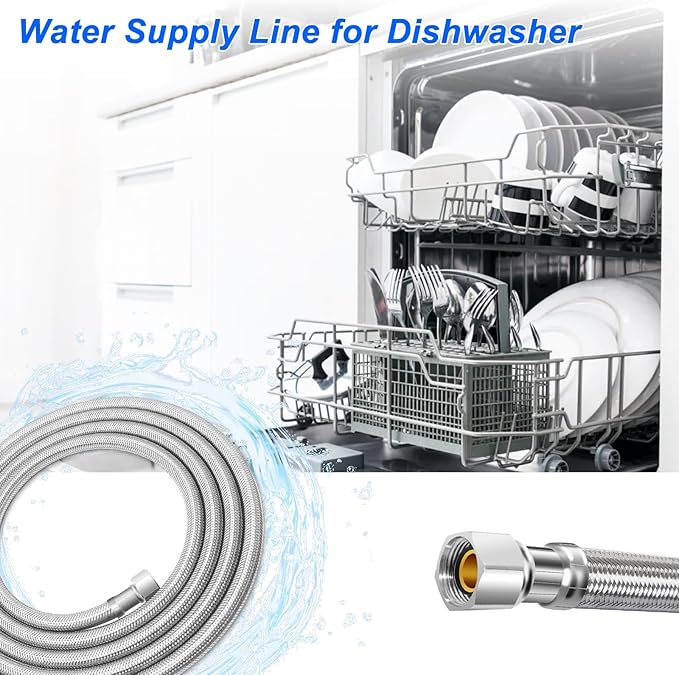 6FT Stainless Steel Braided Water Supply Line for Dishwasher, Brass 3/8 Inch Compression x 3/8 Inch Compression Connections, Food Grade PEX Inner Tube Water Hose