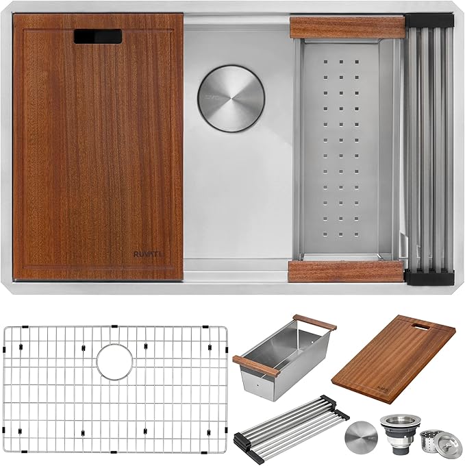 Ruvati 32-inch Undermount 16 Gauge Stainless Steel Workstation Kitchen Sink Single Bowl – Soundproof Multifunction Chef Sink with Cutting Board & Accessories, Brushed Finish Hides Scratches – RVH8300