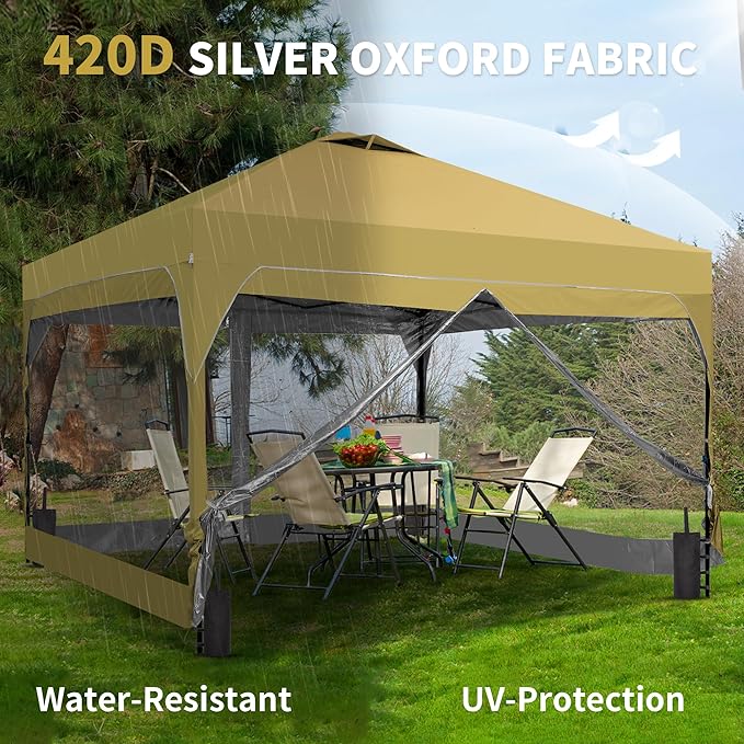 Saemoza 12x12 Pop Up Canopy Tent with One Push Setup, Outdoor Sun Shade Canopy for Backyard Party, Easy Up Instant Shelter with 4 PVC Transparent Sidewalls, 4-Sandbags & Wheel Bag, Khaki.