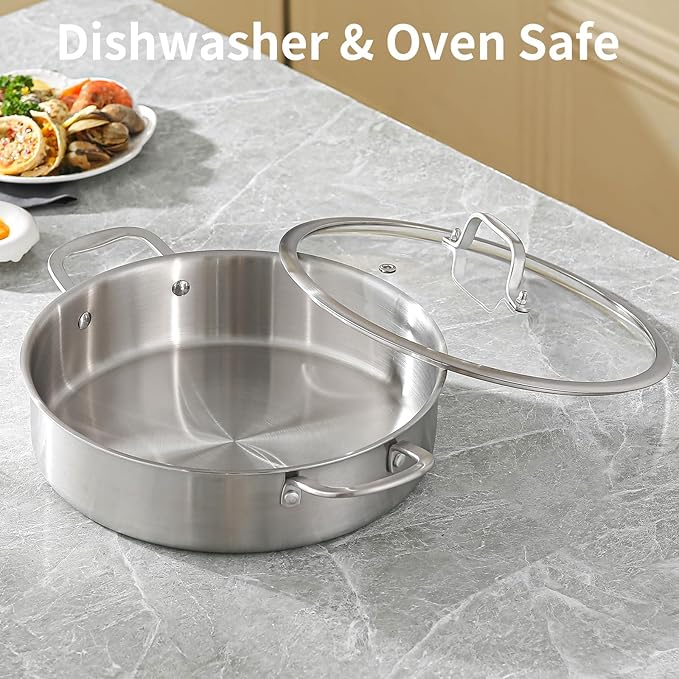 DELARLO 8QT Tri-Ply Stainless Steel Saute Pan With Lid, Jumbo Cooker 13 Inch Deep Frying Pan, Induction Large Skillet, Cooker Pan for Chefs, Dishwasher & Oven Safe