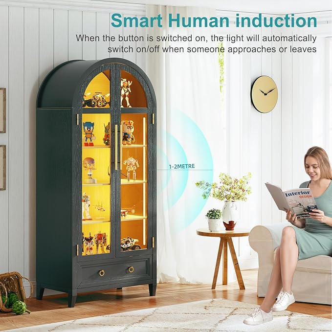 Lvifur 73" Tall Arched Display Cabinet with Glass Doors,4-Tier Curio Cabinets with 3 Color Lights for Collectibles,LED Storage Cabinet with Human Body Sensor,Ajustable Shelf for Toys, Books,Black