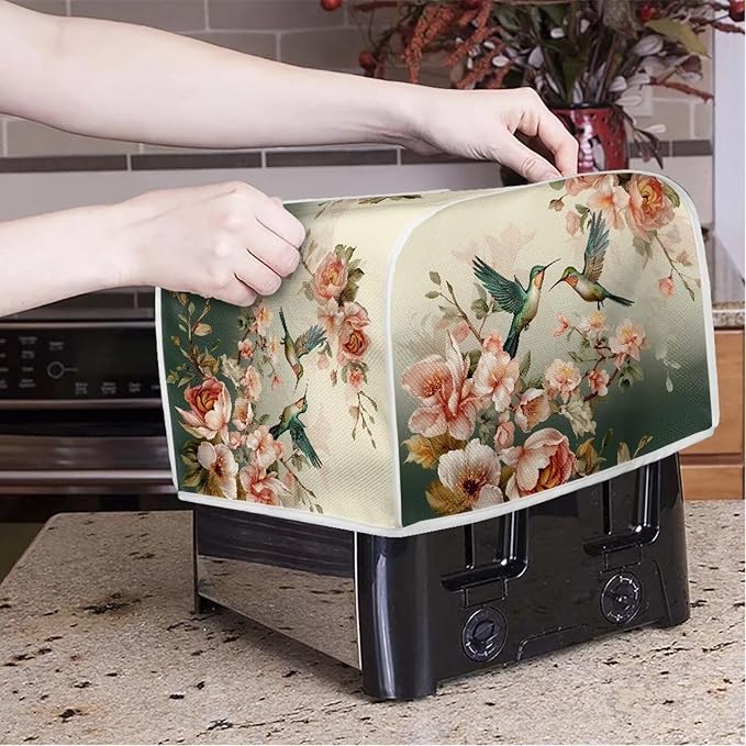 UNICEU Vintage Floral Hummingbird 4 Slice Toaster Cover Kitchen Small Appliance Cover, Quilted Toaster Bread Maker Cover Home Decoration Gifts