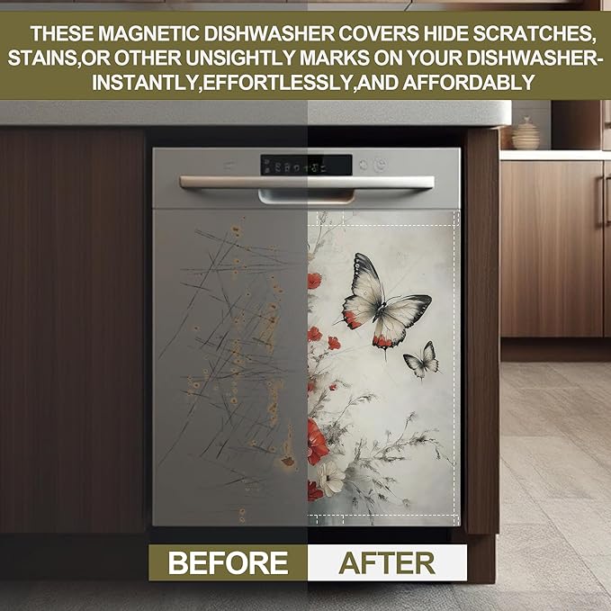 Butterfly Dishwasher Magnets Decorative Cover,Red White Flowers Magnet Fridge Panel Decal for Home Kitchen Decor,23x26 in