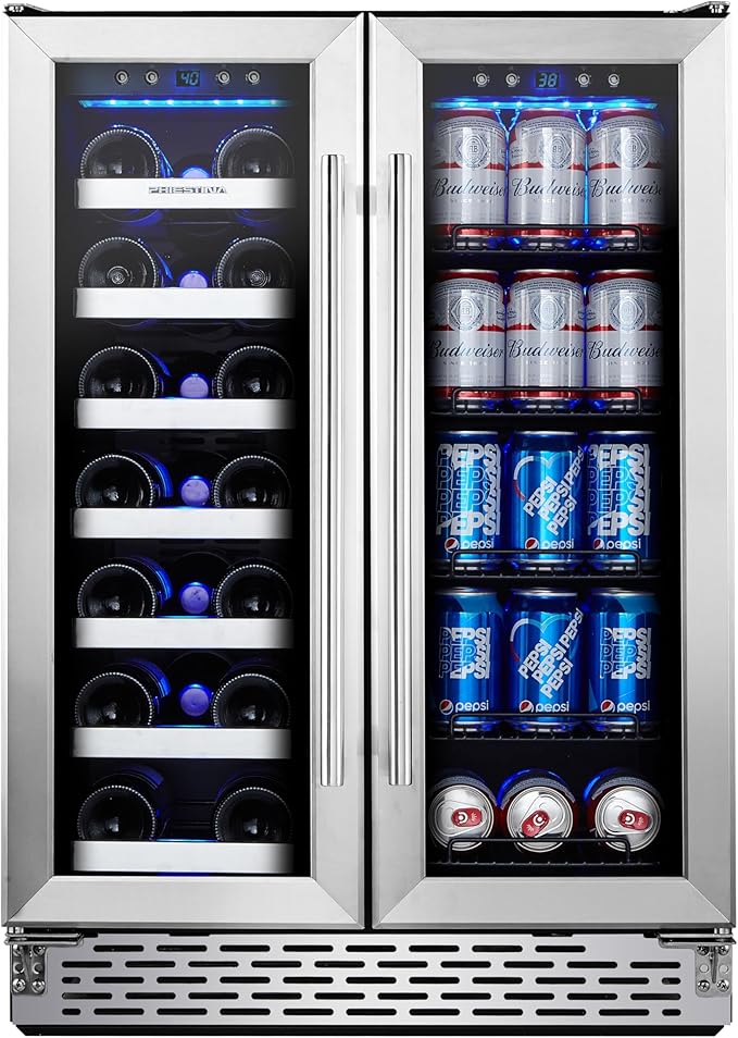 Phiestina Beverage Refrigerator, 24 Inch Wine and Beverage Fridge, Under Counter Wine Cooler- 20 Bottles & 78 Cans, Built-in/Freestanding Dual Zone with Glass Door