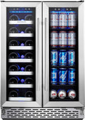 Phiestina Beverage Refrigerator, 24 Inch Wine and Beverage Fridge, Under Counter Wine Cooler- 20 Bottles & 78 Cans, Built-in/Freestanding Dual Zone with Glass Door