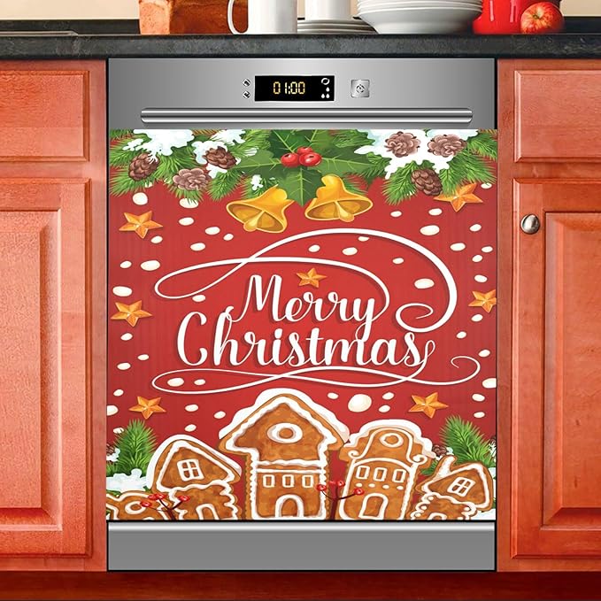 Christmas Gingerbread Holly Berry Santa Bell Dishwasher Magnet Cover Sticker Magnetic Refrigerator Panel Decorative Front Door Decal