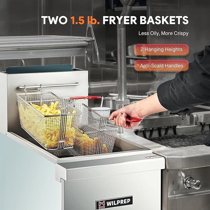 WILPREP Commercial Fryer, 3 Burner Commercial Gas Floor Fryer with 2 Baskets 90000 BTU 40 lb. Capacity 400°F Constant Temperature, Stainless Steel Natural Gas Deep Fryer for Restaurant Kitchen