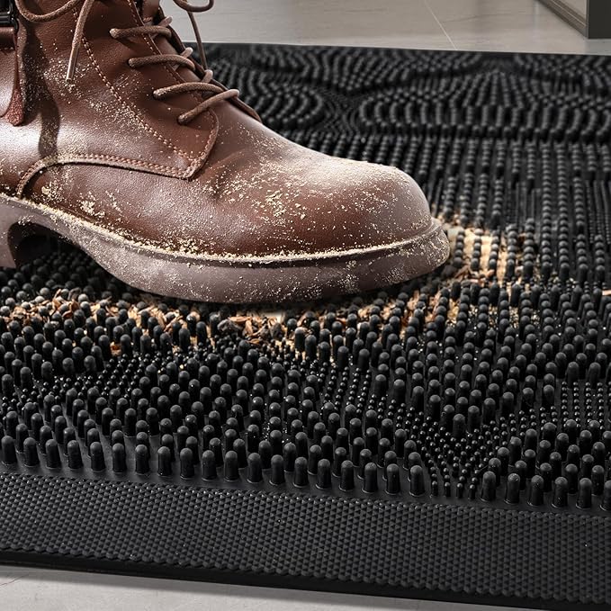 FRAMICS Front Door Mat Outside Entrance, Heavy Duty Rubber Door Mats Outdoor Welcome Mat Waterproof Doormat Non Slip for Entryway Doormats Dirt Trapper Indoor Mats All Seasons, 17 x 30 Inches, Black
