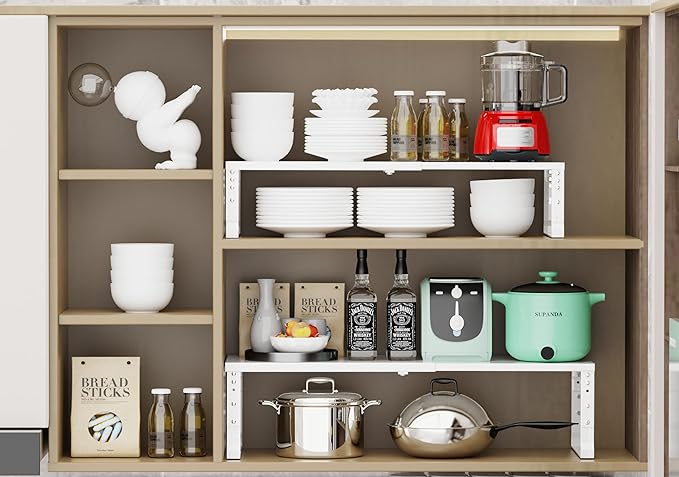 Expandable Stackable Spice Rack Organizer for Kitchen Cabinet,Adjustable Counter Shelf, countertop, Pantry,Cupboard,Bathroom,Bedroom(2Packs/White/Large)
