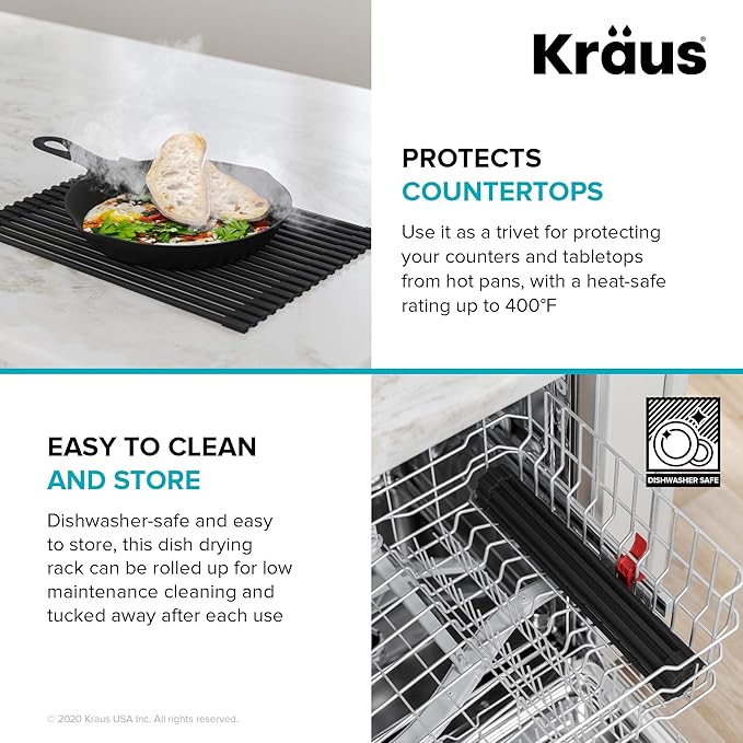 Kraus Multipurpose Over-Sink Roll-Up Dish Drying Rack, Colander and Trivet in Black, KRM-10BLACK