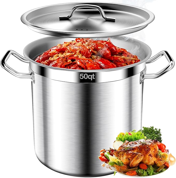 Stainless Steel Stockpot – 50QT Stock Pot with Lid, Heavy-Duty Tri-Ply Bottom Cooking Pot for Canning, Boiling Beer Brewing, Soup, Seafood Boil – Satin Finish Stainless Steel Soup Pots
