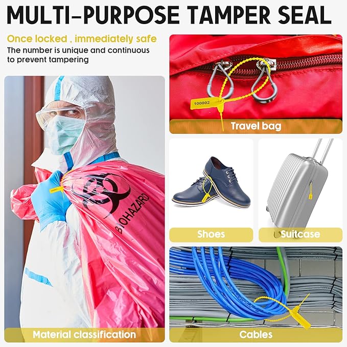 Roowest 2000 Pcs Plastic Tamper Seals Security Tags Seals Safety Numbered Zip Ties Fire Extinguisher Tamper Tags Disposable Self Locking Signage 250 mm Length(Yellow)