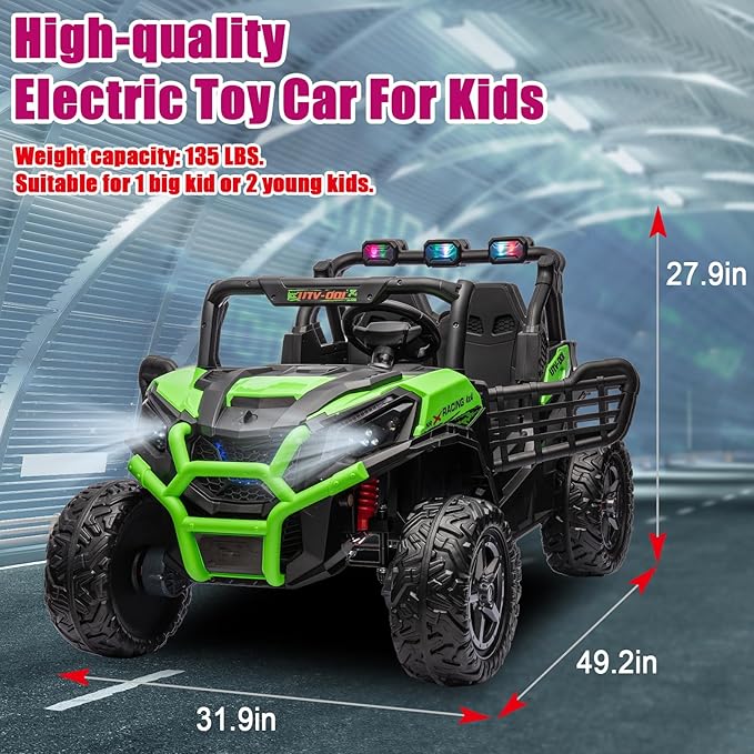 24V 2 Seater Kids Ride On Car, Battery Powered Ride On UTV with Remote Control, 4x4 Side by Side Truck, Kids Electric Vehicle with Bluetooth, Green
