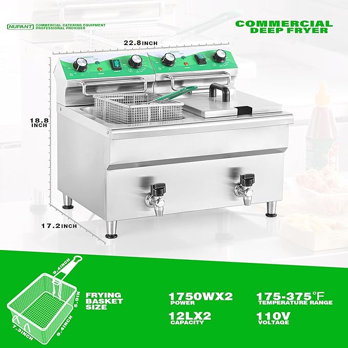 24L/25.4QT Commercial Deep Fryer with 2 Baskets and Lids, 110V Electric Fryer with Oil Filtration and Timer, Stainless Steel Large Double Tank Fryer Countertop Deep Fryer for Restaurant 3500W